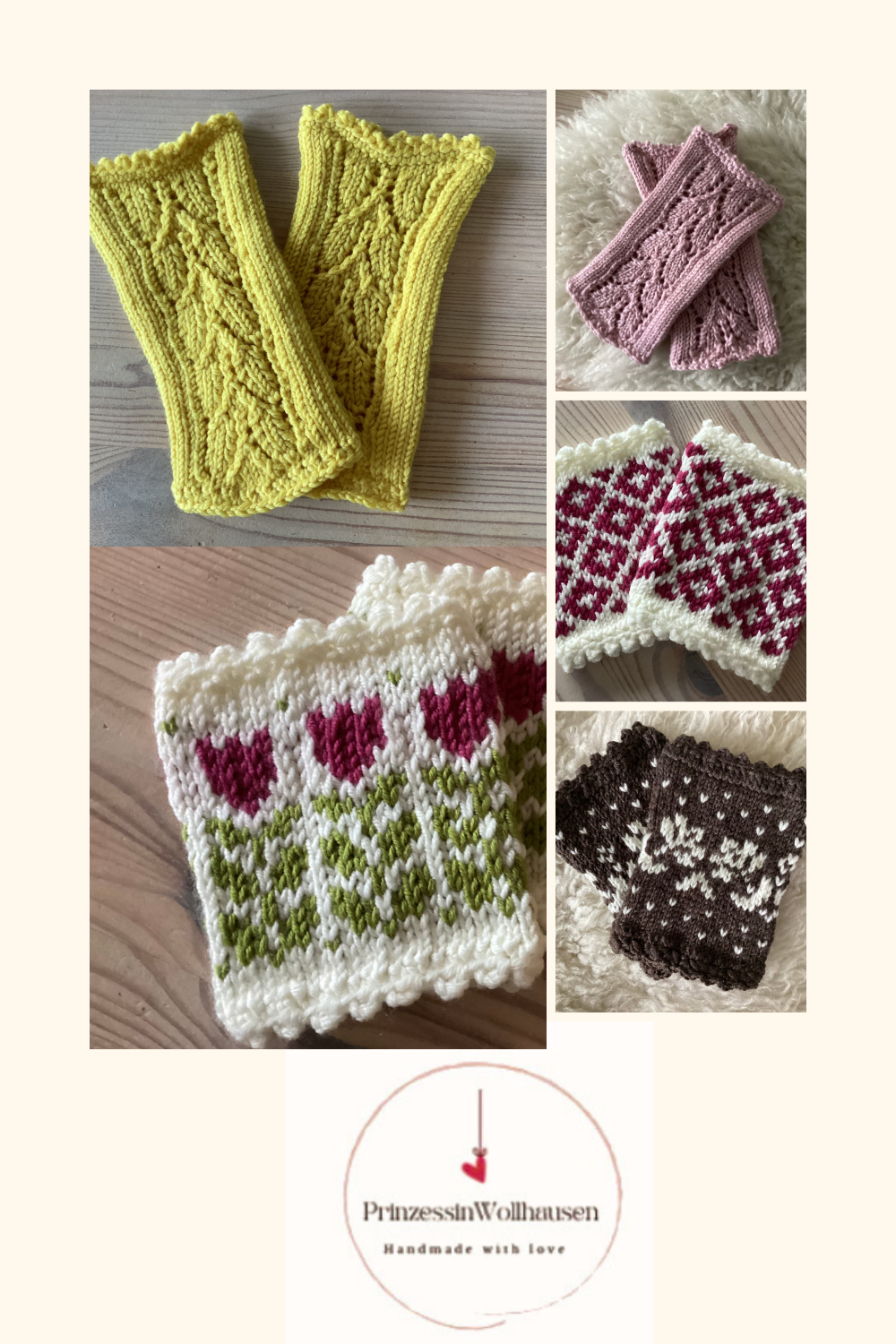 Verschiedene handgestrickte Pulswärmer in Gelb, Rosa, Beere und Braun